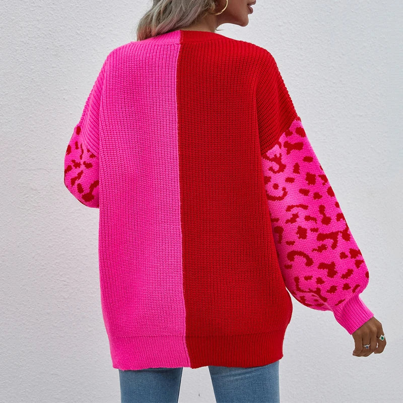 Women Sweaters - V-Neck Knit Sweater with Pop Leopard Detail on Sleeves