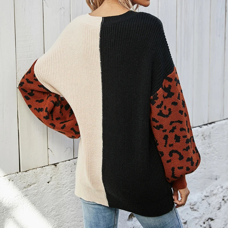 Women Sweaters - V-Neck Knit Sweater with Pop Leopard Detail on Sleeves