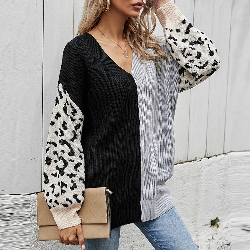 Women Sweaters - V-Neck Knit Sweater with Pop Leopard Detail on Sleeves