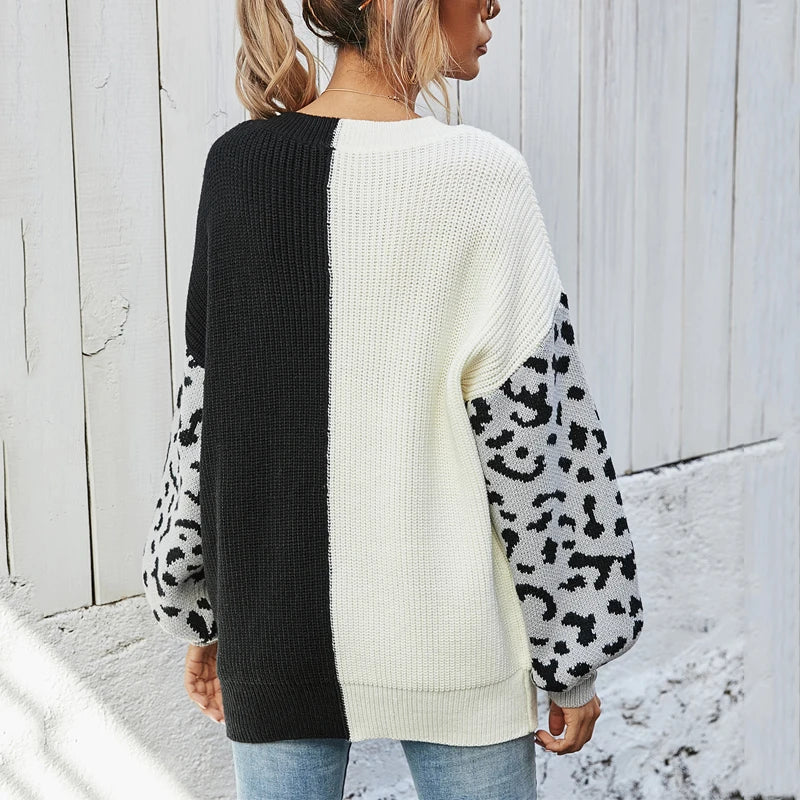 Women Sweaters - V-Neck Knit Sweater with Pop Leopard Detail on Sleeves