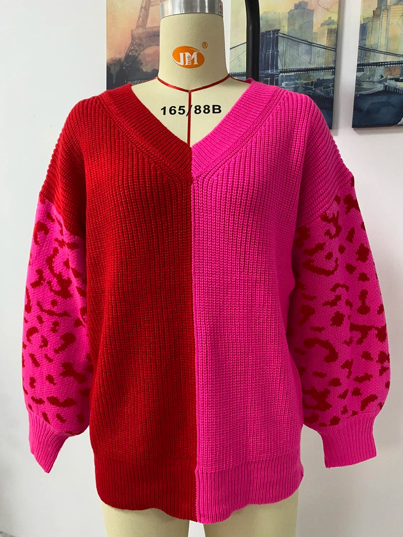 Women Sweaters - V-Neck Knit Sweater with Pop Leopard Detail on Sleeves