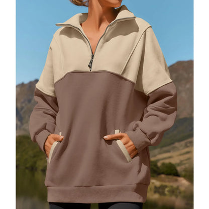 Women Sweatshirts- Casual Color Block Half-Zip Pullover