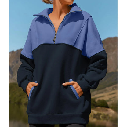 Women Sweatshirts- Casual Color Block Half-Zip Pullover