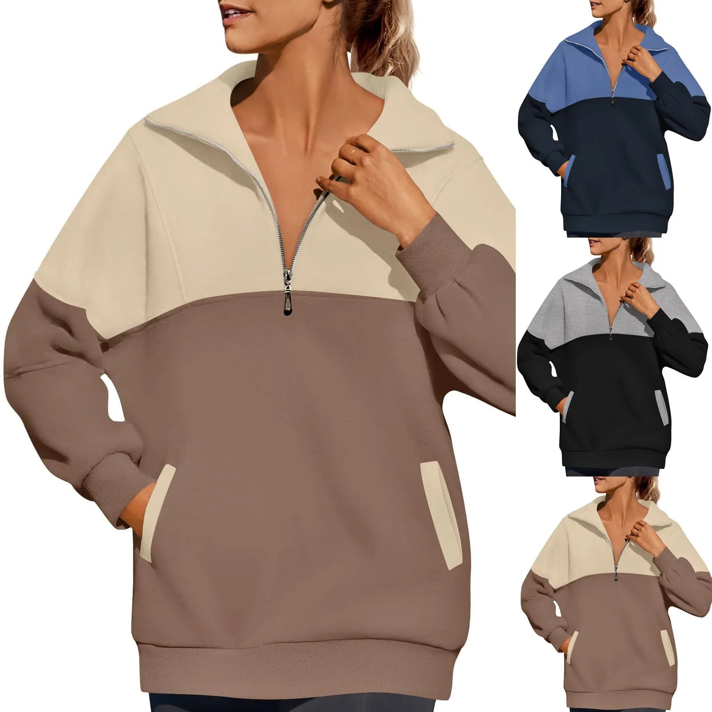 Women Sweatshirts- Casual Color Block Half-Zip Pullover