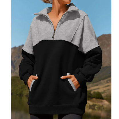 Women Sweatshirts- Casual Color Block Half-Zip Pullover