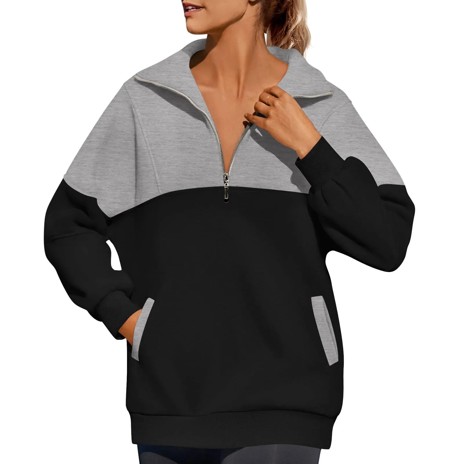 Women Sweatshirts- Casual Color Block Half-Zip Pullover