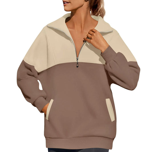 Women Sweatshirts- Casual Color Block Half-Zip Pullover