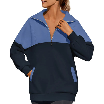 Women Sweatshirts- Casual Color Block Half-Zip Pullover