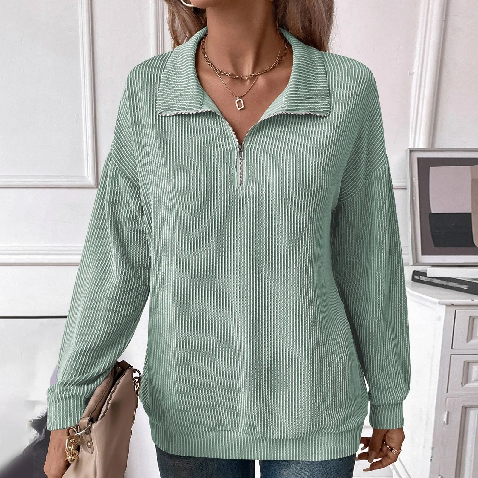 Women Sweatshirts - Casual Ribbed Half Zip Sweatshirt