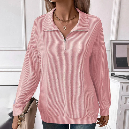 Women Sweatshirts - Casual Ribbed Half Zip Sweatshirt