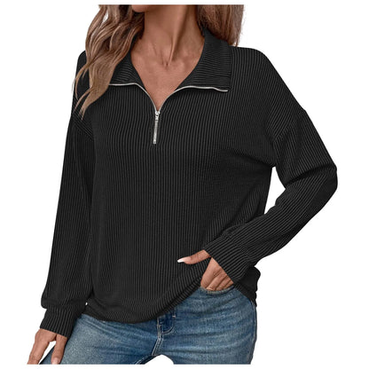 Women Sweatshirts - Casual Ribbed Half Zip Sweatshirt