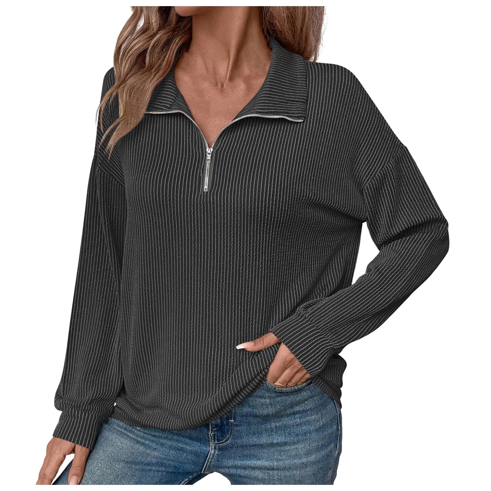 Women Sweatshirts - Casual Ribbed Half Zip Sweatshirt