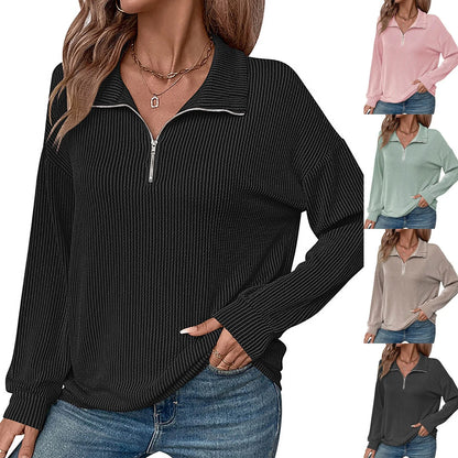 Women Sweatshirts - Casual Ribbed Half Zip Sweatshirt