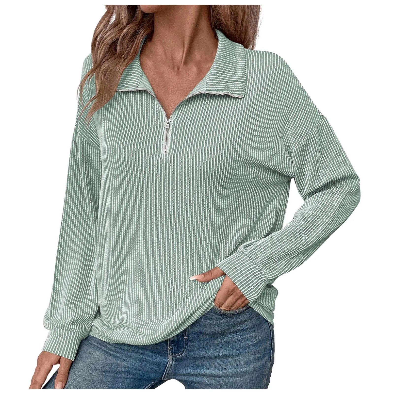 Women Sweatshirts - Casual Ribbed Half Zip Sweatshirt