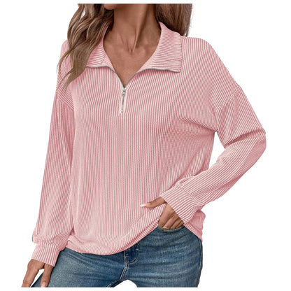 Women Sweatshirts - Casual Ribbed Half Zip Sweatshirt