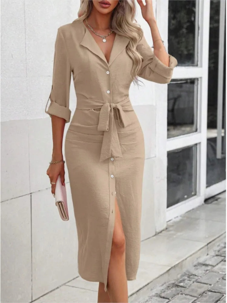 Workwear Midi Dresses - Solid Color Button-Up Midi: A Must-Have for Trendy Professionals