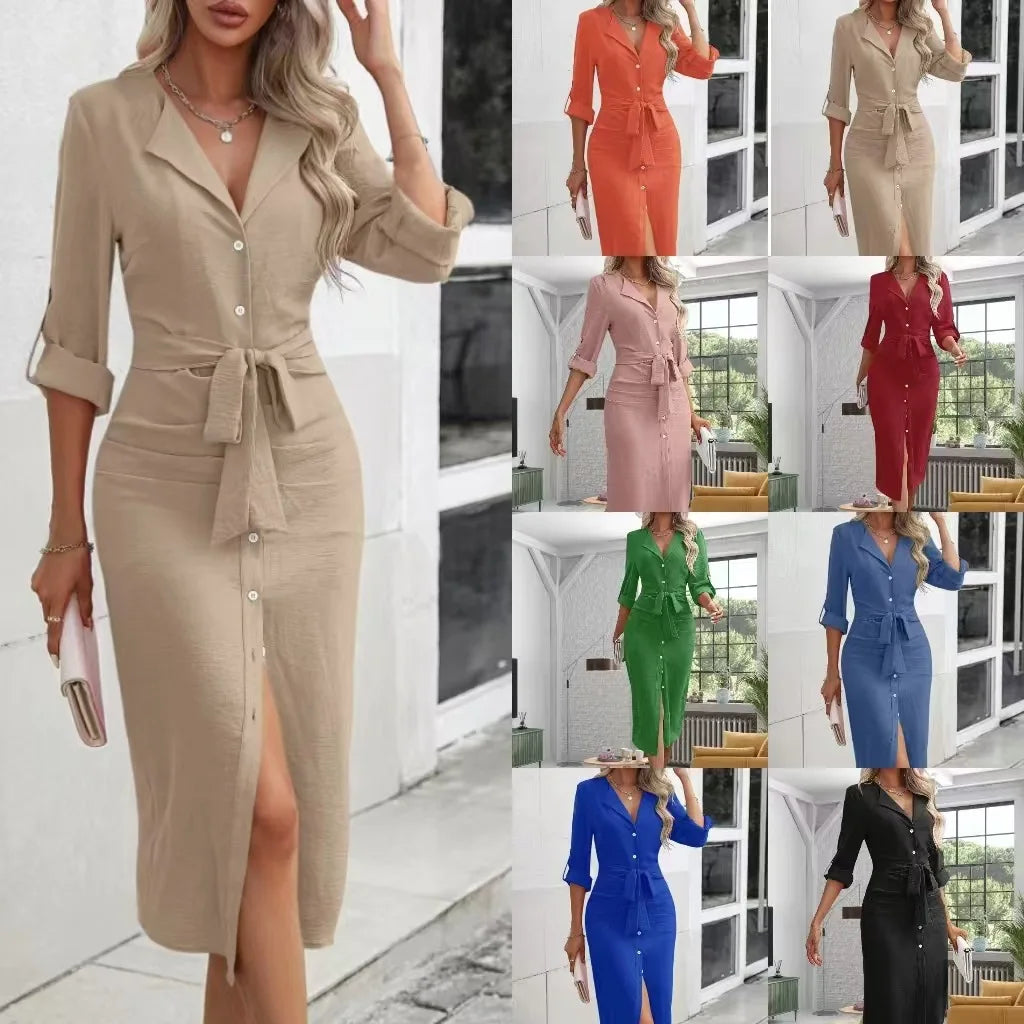 Workwear Midi Dresses - Solid Color Button-Up Midi: A Must-Have for Trendy Professionals