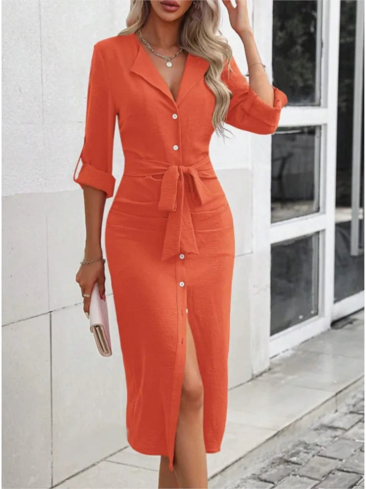 Workwear Midi Dresses - Solid Color Button-Up Midi: A Must-Have for Trendy Professionals