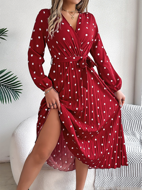 Wrap Dress- Essential Long Sleeve Polka Dot Tie Belt Midi Dress