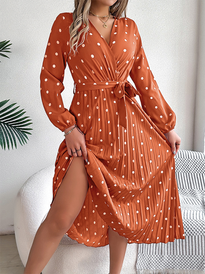 Wrap Dress- Essential Long Sleeve Polka Dot Tie Belt Midi Dress