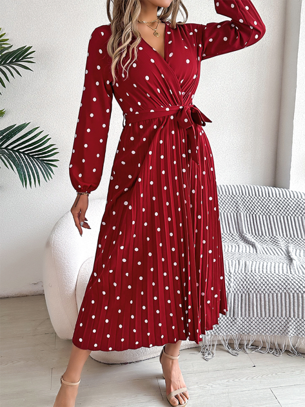 Wrap Dress- Essential Long Sleeve Polka Dot Tie Belt Midi Dress