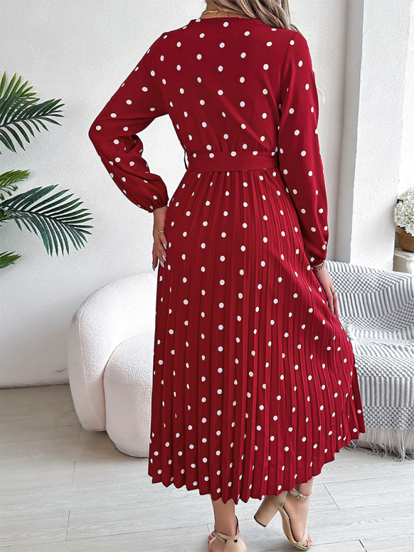 Wrap Dress- Essential Long Sleeve Polka Dot Tie Belt Midi Dress