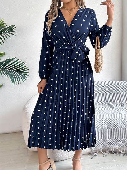 Wrap Dress- Essential Long Sleeve Polka Dot Tie Belt Midi Dress