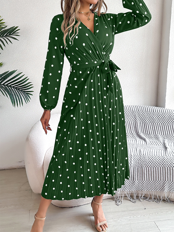 Wrap Dress- Essential Long Sleeve Polka Dot Tie Belt Midi Dress