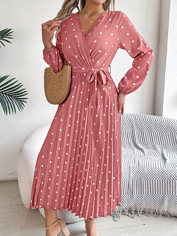 Wrap Dress- Essential Long Sleeve Polka Dot Tie Belt Midi Dress