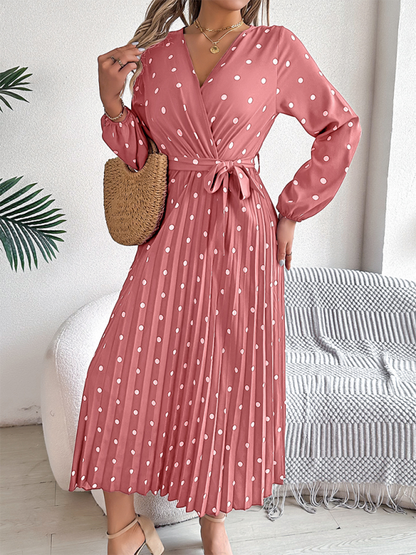 Wrap Dress- Essential Long Sleeve Polka Dot Tie Belt Midi Dress