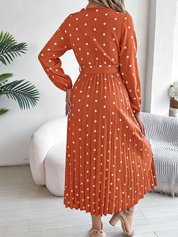 Wrap Dress- Essential Long Sleeve Polka Dot Tie Belt Midi Dress