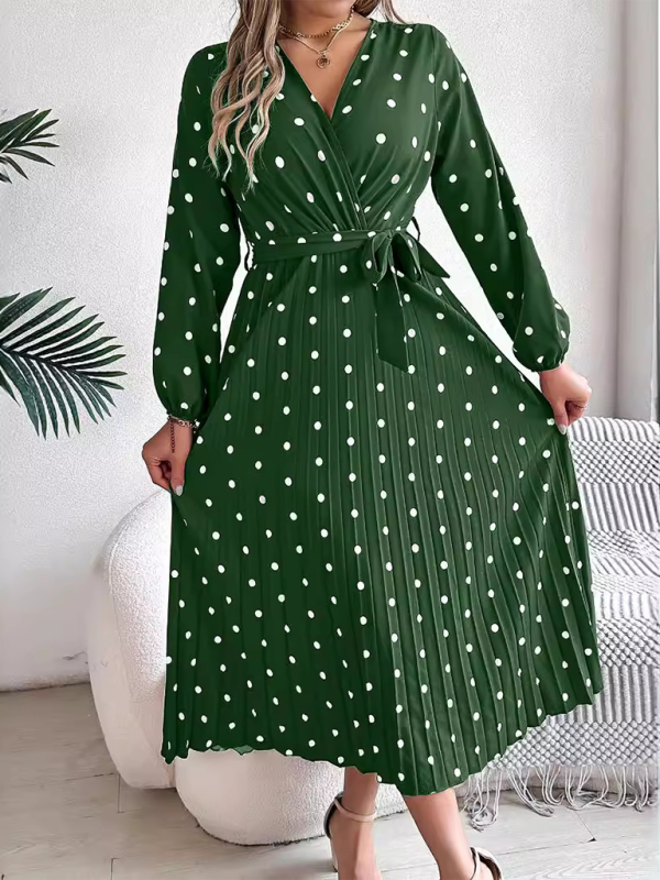 Wrap Dress- Essential Long Sleeve Polka Dot Tie Belt Midi Dress