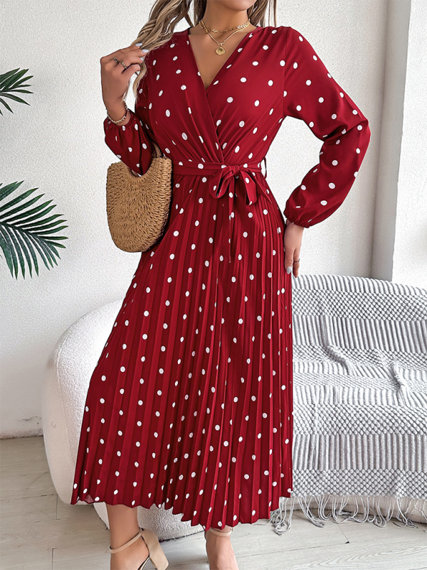 Wrap Dress- Essential Long Sleeve Polka Dot Tie Belt Midi Dress