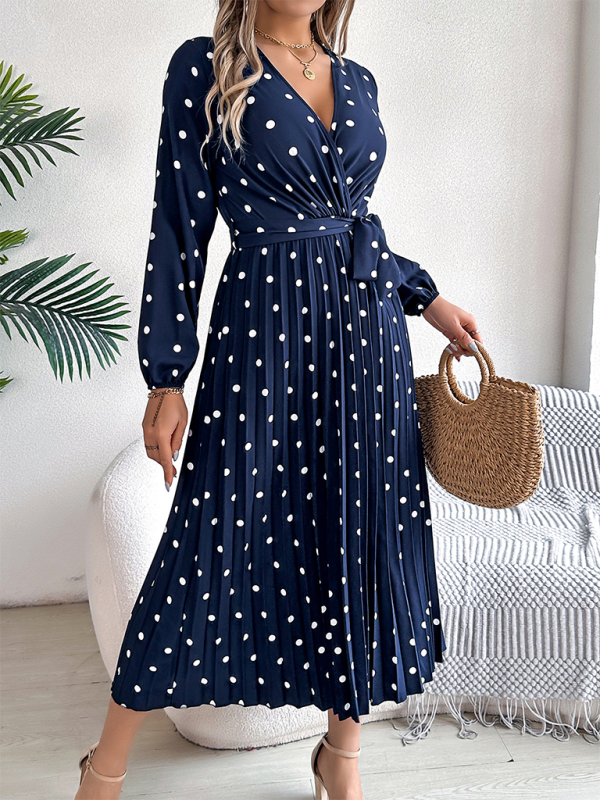 Wrap Dress- Essential Long Sleeve Polka Dot Tie Belt Midi Dress