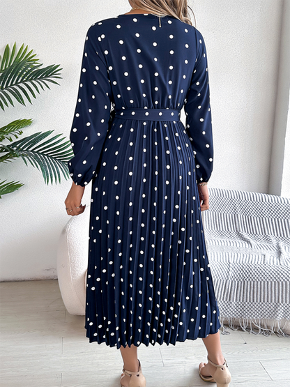 Wrap Dress- Essential Long Sleeve Polka Dot Tie Belt Midi Dress