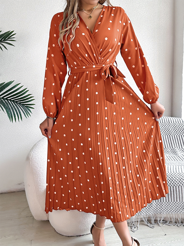 Wrap Dress- Essential Long Sleeve Polka Dot Tie Belt Midi Dress