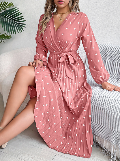 Wrap Dress- Essential Long Sleeve Polka Dot Tie Belt Midi Dress