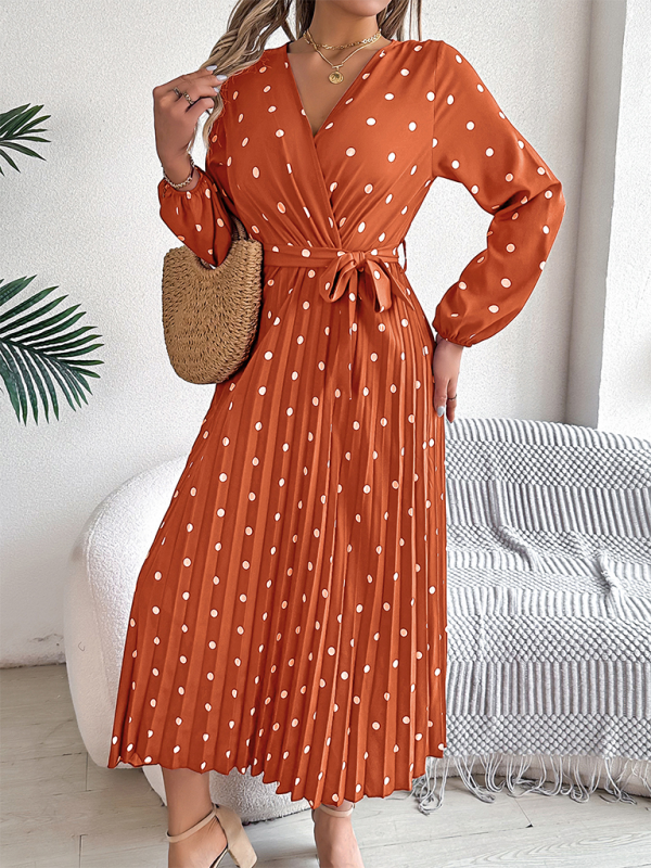 Wrap Dress- Essential Long Sleeve Polka Dot Tie Belt Midi Dress