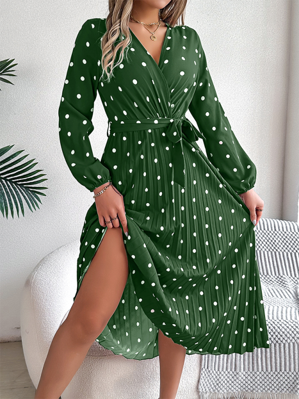 Wrap Dress- Essential Long Sleeve Polka Dot Tie Belt Midi Dress