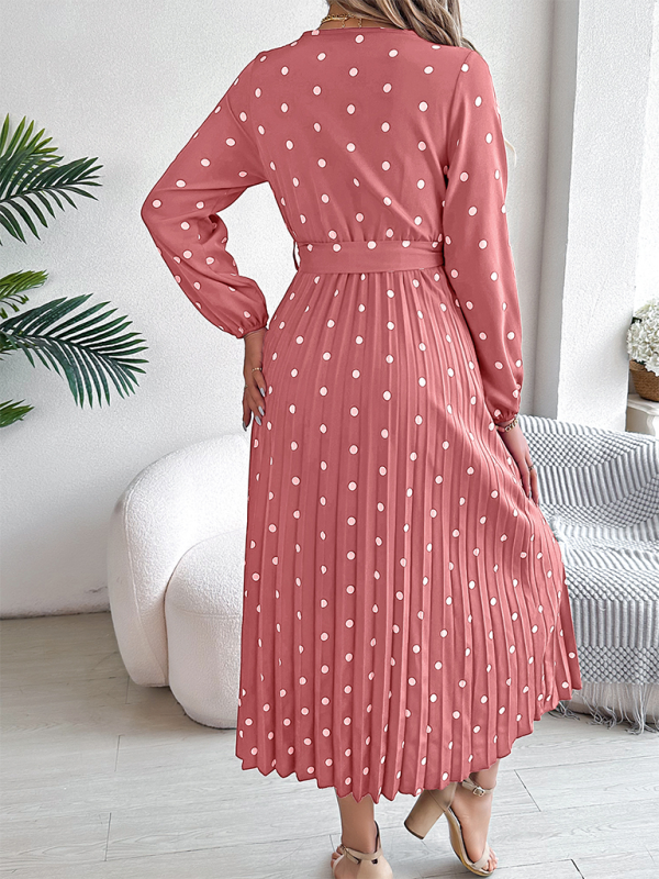 Wrap Dress- Essential Long Sleeve Polka Dot Tie Belt Midi Dress