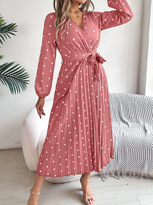 Wrap Dress- Essential Long Sleeve Polka Dot Tie Belt Midi Dress