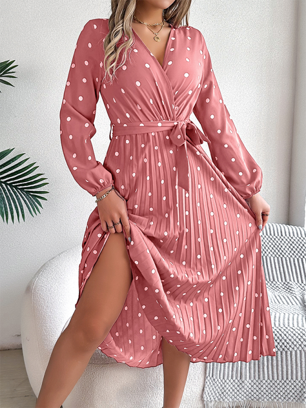 Wrap Dress- Essential Long Sleeve Polka Dot Tie Belt Midi Dress