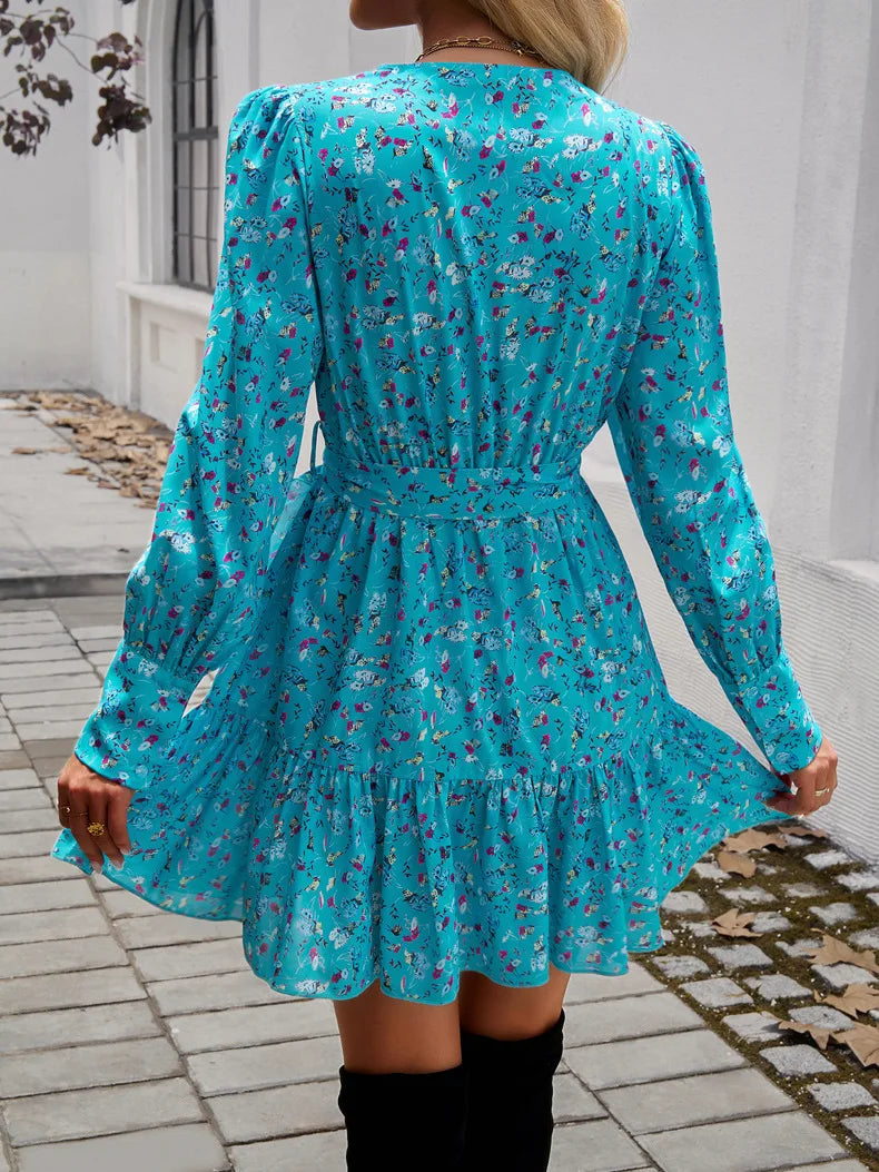 Wrap Dresses - Autumn Floral Puff Sleeve Wrap Belted Dress