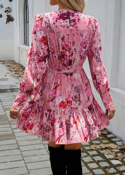 Wrap Dresses - Autumn Floral Puff Sleeve Wrap Belted Dress