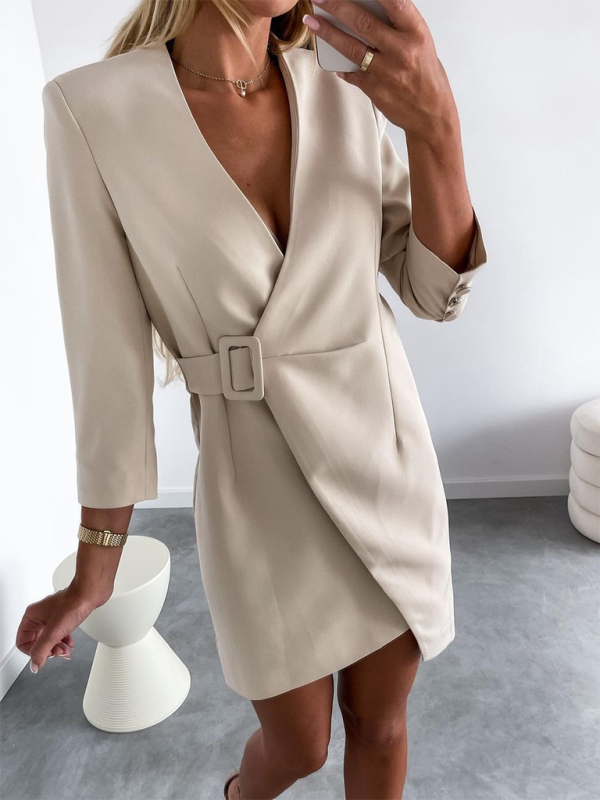 Wrap Dresses- Tailored Wrap Blazer Dress with Belt- Cracker khaki- Chuzko Women Clothing