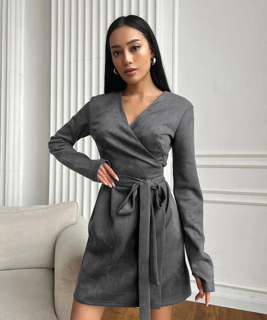 Wrap Dresses - Wrap Tailored Couture Faux Suede Mini Dress