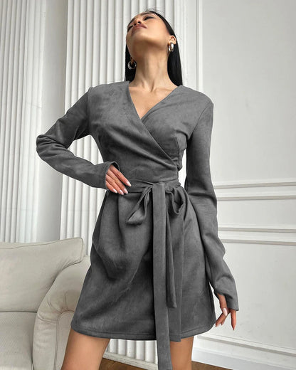 Wrap Dresses - Wrap Tailored Couture Faux Suede Mini Dress