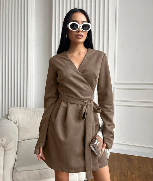 Wrap Dresses - Wrap Tailored Couture Faux Suede Mini Dress