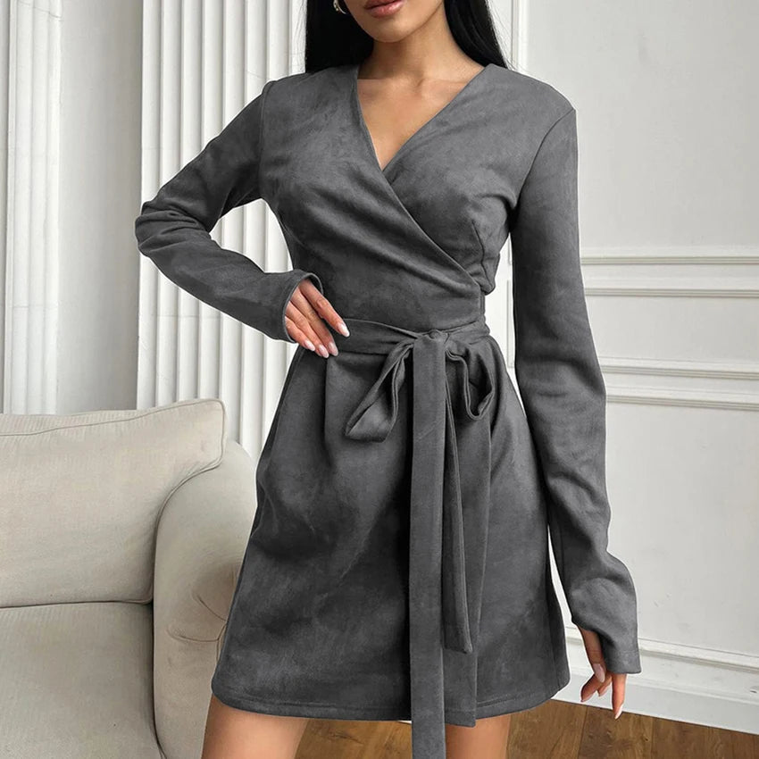 Wrap Dresses - Wrap Tailored Couture Faux Suede Mini Dress