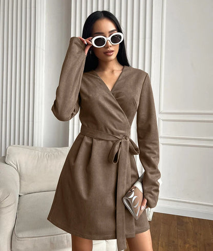 Wrap Dresses - Wrap Tailored Couture Faux Suede Mini Dress